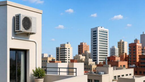 Equipo de climatización en la fachada de una vivienda