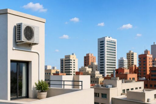 Equipo de climatización en la fachada de una vivienda